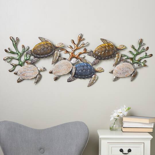 48" x 18" Bronze Metal Turtle Hammered Wall Décor with Wood Accents